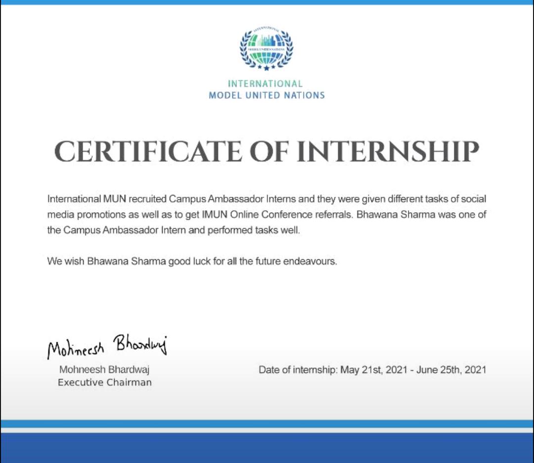 IMUN Certificate of Internship